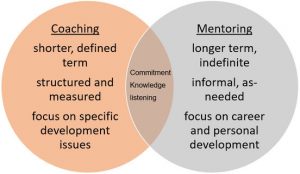 What is business mentoring? Picture of a Venn diagram of the differences between executive coaching and mentoring.