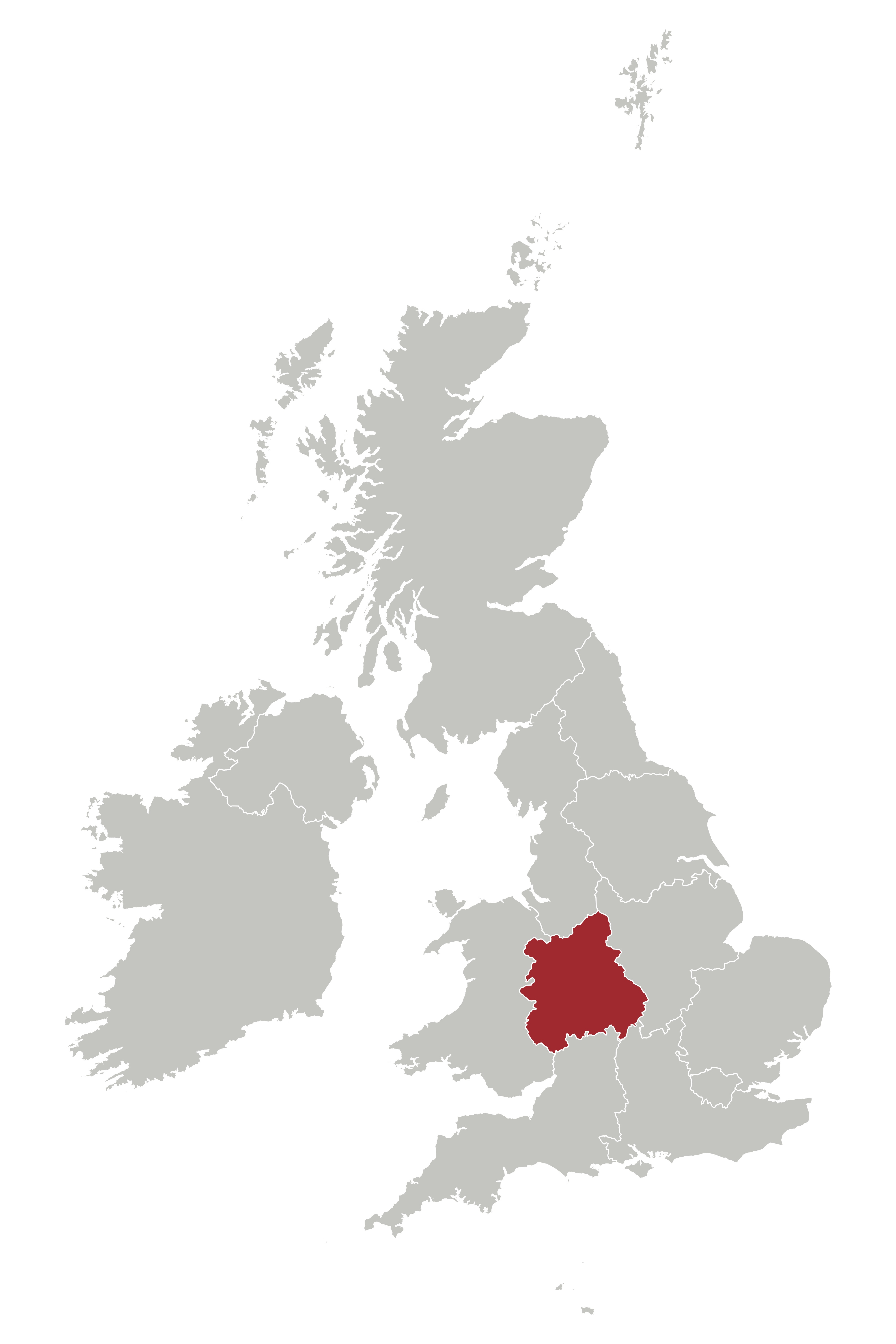 Map of UK and Ireland with The West Midlands region highlighted.
