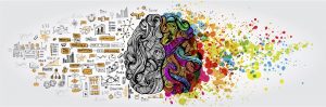 Cartoon illustration of the two sides of the brain illustrating the creative vs commercial tensions in creative industries. Leadership development for creative industries.