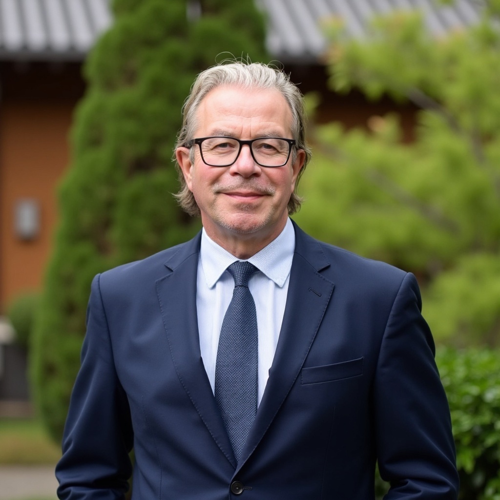 Tim Davies in a dark blue business suit, white shirt and dark blue tie, standing in a garden.