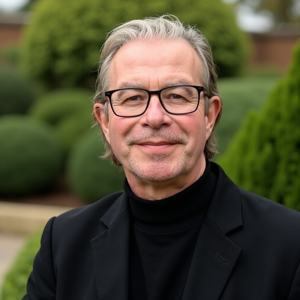 Tim Davies dressed in a black business jacket and black roll-neck sweater, standing in a garden with hedges and bushes.