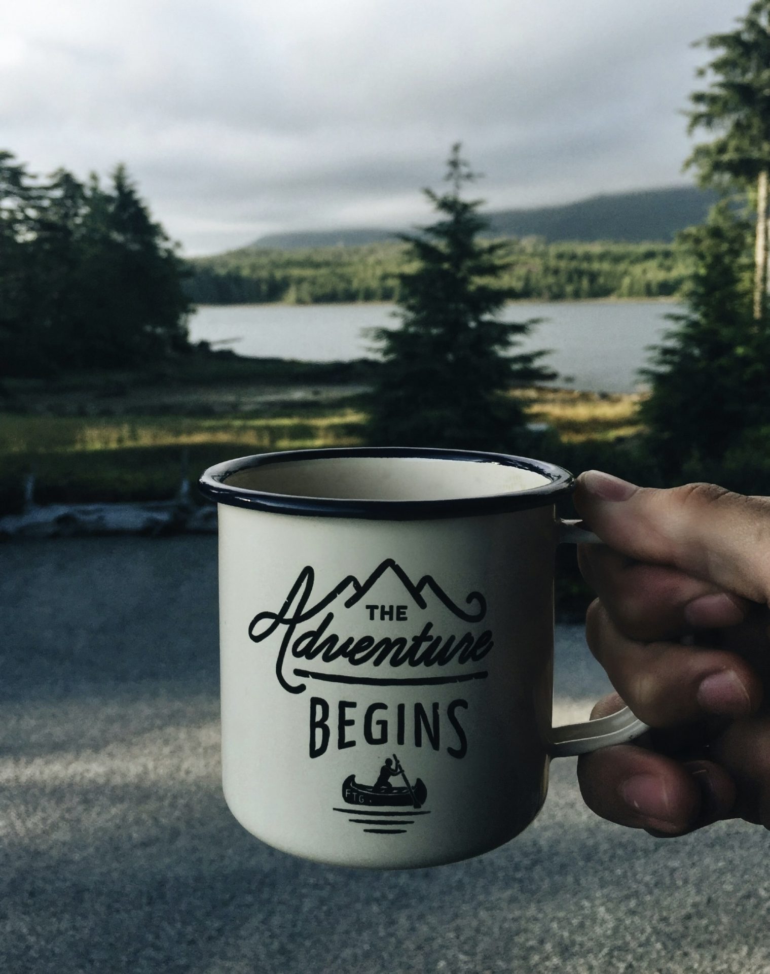 Photo of a hand holding a mug with the slogan, 'The Adventure begins'. Behind the mug is a background of forest and lake.